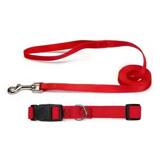 Nylon Solid Color Dog Collar and Lead 2 Piece Sets Durable Adjustable Selections (Red,Medium)