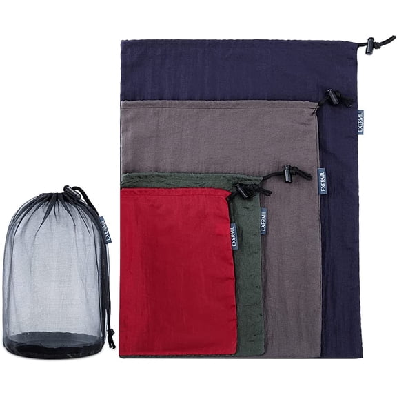 Nylon Stuff Sack Set 5-Piece (1.4L/2.7L/3L/7.5L/15L); Drawstring Storage Sack; Mesh Bags; Ditty Bags Small M Large XL for Organization Travel Camping Backpacking Down Jacket; Assorted Colors