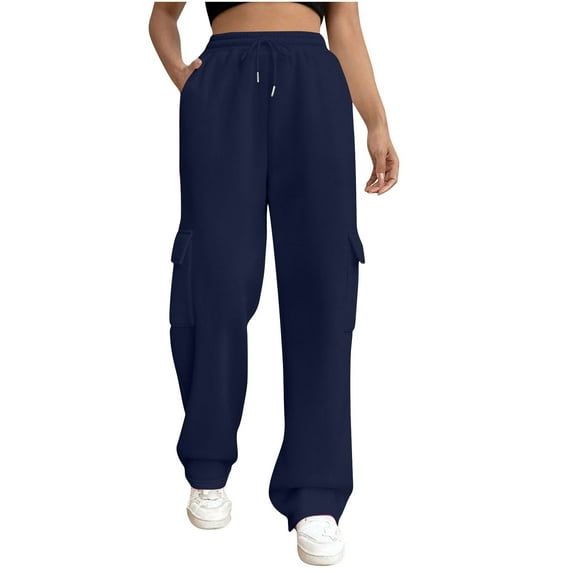 Nylon Sweatpants for Women Heavyweight High Waisted Wide Leg Cargo Pants with Pocket Elastic Waist Fleece Lined Winter Pants, Blue, S