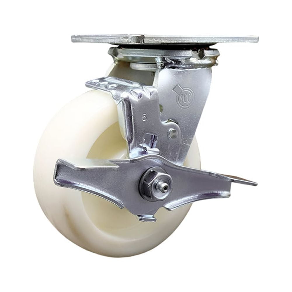 Nylon Swivel Top Plate Caster w/5" x 2" White Wheel & Top Lock Brake