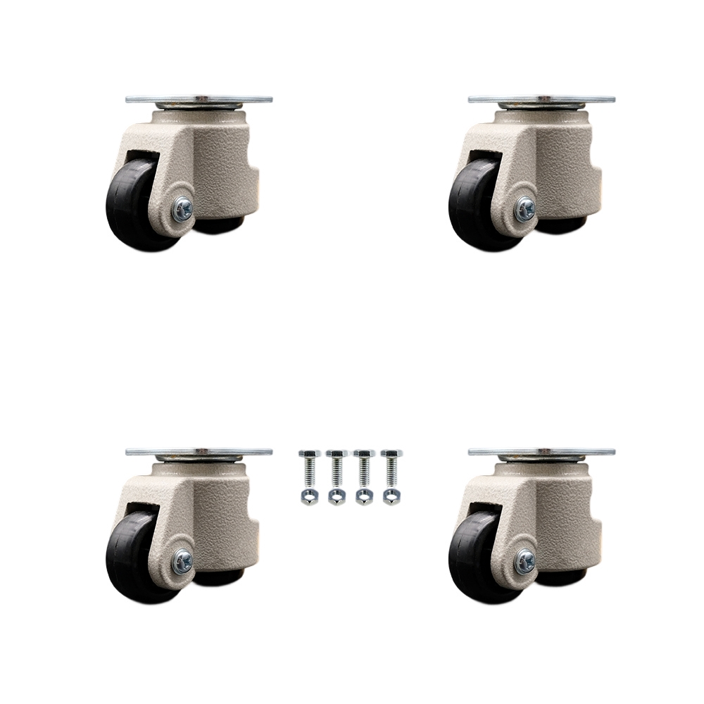 Nylon Swvl Top Plate Floor Leveling Caster Set 4 w/1.65" Diameter Black Wheels