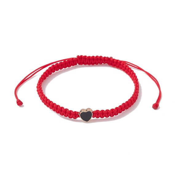 Nylon Thread Bead Adjustable Bracelets with Alloy Enamel Heart for Women Red Inner Diameter: 2-3/8~4-1/8 inch(6.1~10.6cm)