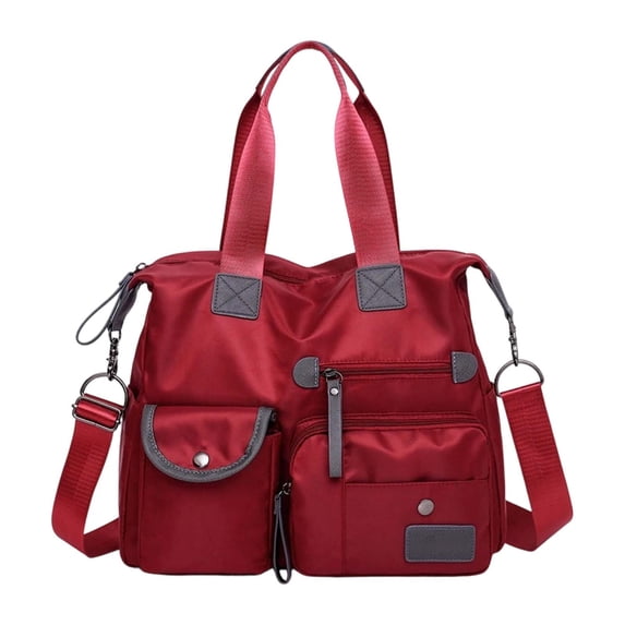 Nylon Tote Bag Waterproof Large Capacity Multi Pocket Travel Handbag Crossbody Bag for Outdoor Camping(Red-50x35x13cm)