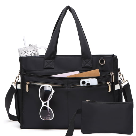 Nylon Tote Bag for Women, 15.6" Laptop Teacher Work College Travel | Lightweight, 14 pockets, roomy, 40oz bottle holder, washable, crossbody, shoulder, handbag, zipper closure, gym,Bible