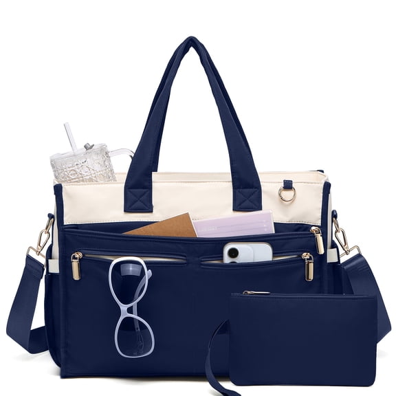 Nylon Tote Bag for Women, 15.6" Laptop Teacher Work College Travel | Lightweight, 14 pockets, roomy, 40oz bottle holder, washable, crossbody, shoulder, handbag, zipper closure, gym,Bible
