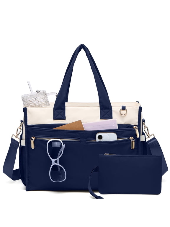 Nylon Tote Bag for Women, 15.6" Laptop Teacher Work College Travel | Lightweight, 14 pockets, roomy, 40oz bottle holder, washable, crossbody, shoulder, handbag, zipper closure, gym,Bible