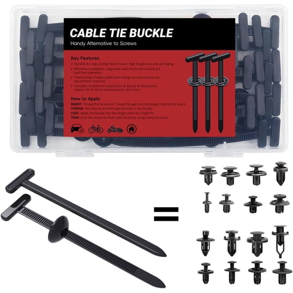 Nylon Universal Cable Tie Buckles - Multi-functional T Rivet Zip Ties, Automotive Zipper Clips for Car Daily Repair, Fender Liner, Bumper Retainer, Door Panel Fastener (30Pcs)