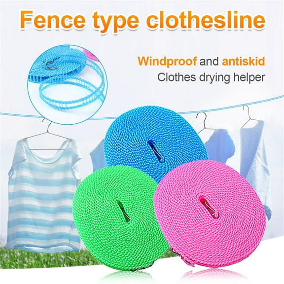 Nylon Windproof Drying Rope with Plastic Non-Slip Hangers 1 Pack Adjustable Clothesline for Outdoor Indoor Use for Tools/Office(Blue),Hulucky
