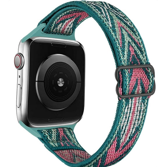 Nylon solo Loop Slim Strap for Apple watch 7 6 SE band 40mm 44mm 38mm 42mm 45mm 41mm Adjustable Scrunchie Elastic bracelet for iWatch 3 4 5 2 1 - Green Pink