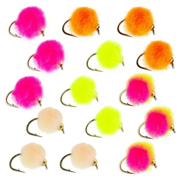Nymph Fly Fishing Flies - 15 Count Bead Head Glo Bug Egg Assortment - Wet Flies, Hook Size 16 - Trout, Salmon, Steelhead Fishing Assorted Glo Bug Colors Hook Siaze 15