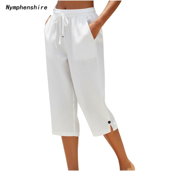 Nymphenshire Womens Capri Pants 7/8 Length Linen Button Elastic Waist Casual Cropped Pants Loose Fit Summer Beach Comfortable Bottoms White