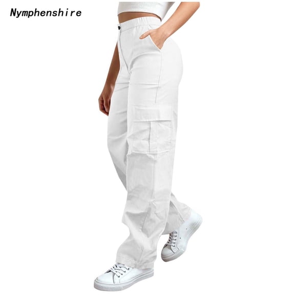 Nymphenshire Womens Cargo Pants Elastic Waist Button Zipper Multi Pocket Casual Hiking Outdoor Work Pants Straight Leg Long Pants White