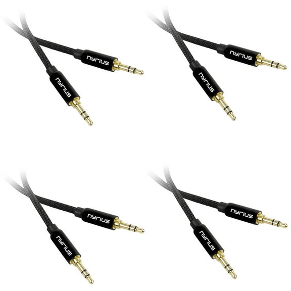 Nyrius Premium Grade 3.5mm Auxiliary Audio Cable (3 Feet) with Tangle Free Braided Protective Shielding & Gold Plated Step Down Connector for Smartphones, Tablets, Home Stereo, Car Audio - 4 Pack