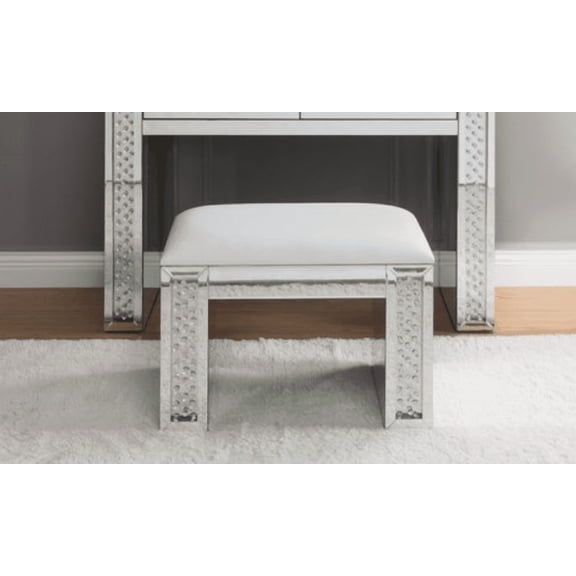 Nysa Ivory Synthetic Leather , Mirrored & Faux Crystals Vanity Stool (Assembled)
