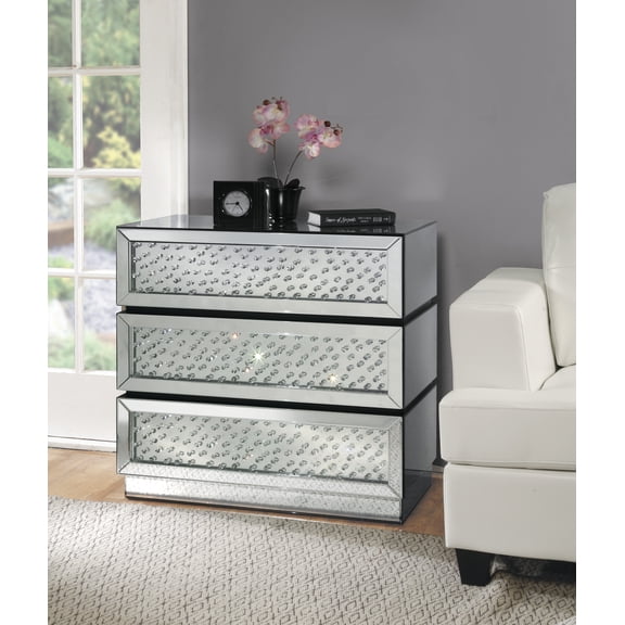 Nysa Mirrored & Faux Crystals Console Cabinet, Silver Finish with 3 Felt-Lined Drawers, Pre-Assembled Entryway Storage for Small Spaces