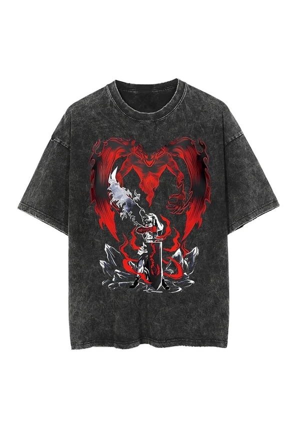 Anime Demon Heart Swordsman Graphic T-Shirt for Men and Women, Vintage Washed Oversized Cotton Tee