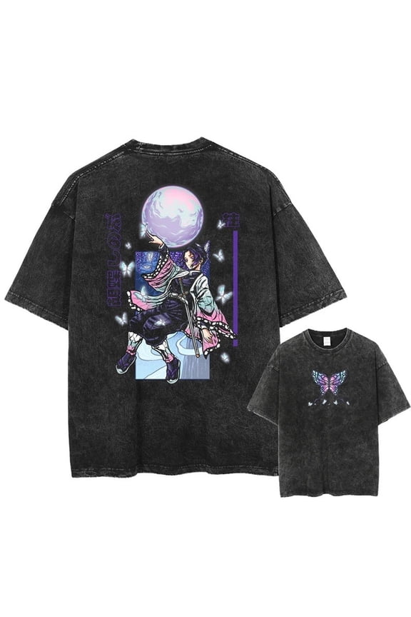 Anime Moonlight Butterfly Warrior Graphic T-Shirt for Men and Women, Vintage Washed Oversized Cotton Tee