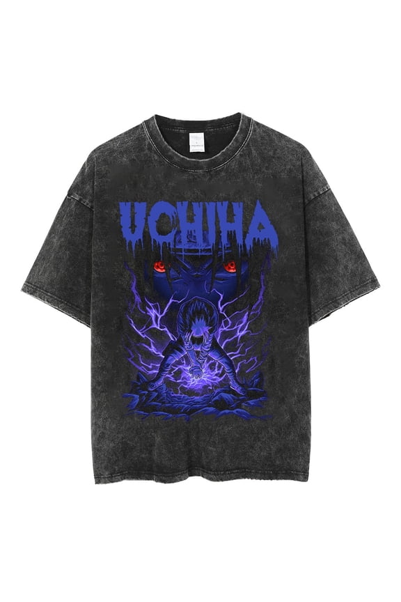Uchiha Lightning Awakening Vintage Washed Black T-Shirt, Cursed Eye Thunder Shinobi Graphic Oversized Unisex Streetwear Tee