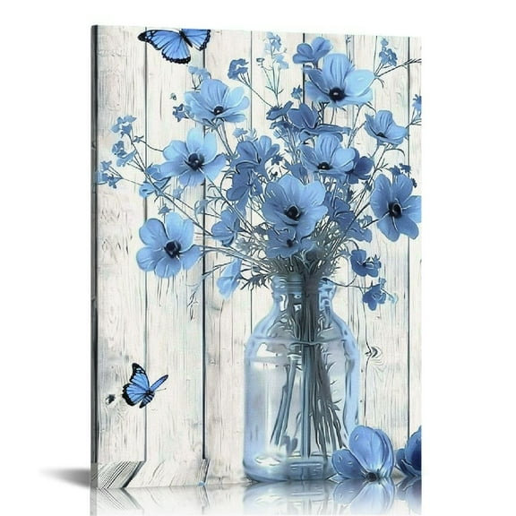 Nyssed Blue Rustic Floral Wall Art Aesthetic Flower with Butterfly Canvas Wall Art Farmhouse Plant Vertical Wood Framed Prints Wall Decor for Bathroom Living Room Bedroom Kitchen Office 16x20 in