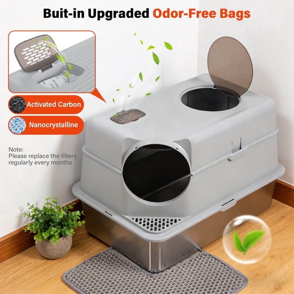 Nyutu Extra Large Stainless Steel High-Sided Litter Box Set, XLarge Metal Cat Litter Box with Scoop and Mat,Gray