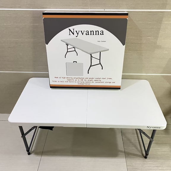 Nyvanna Patio furniture,Folding Table 4 Foot Portable Heavy Duty Plastic Fold-in-Half Utility Table Small Indoor Outdoor Adjustable Height Folding with Carrying Handle White