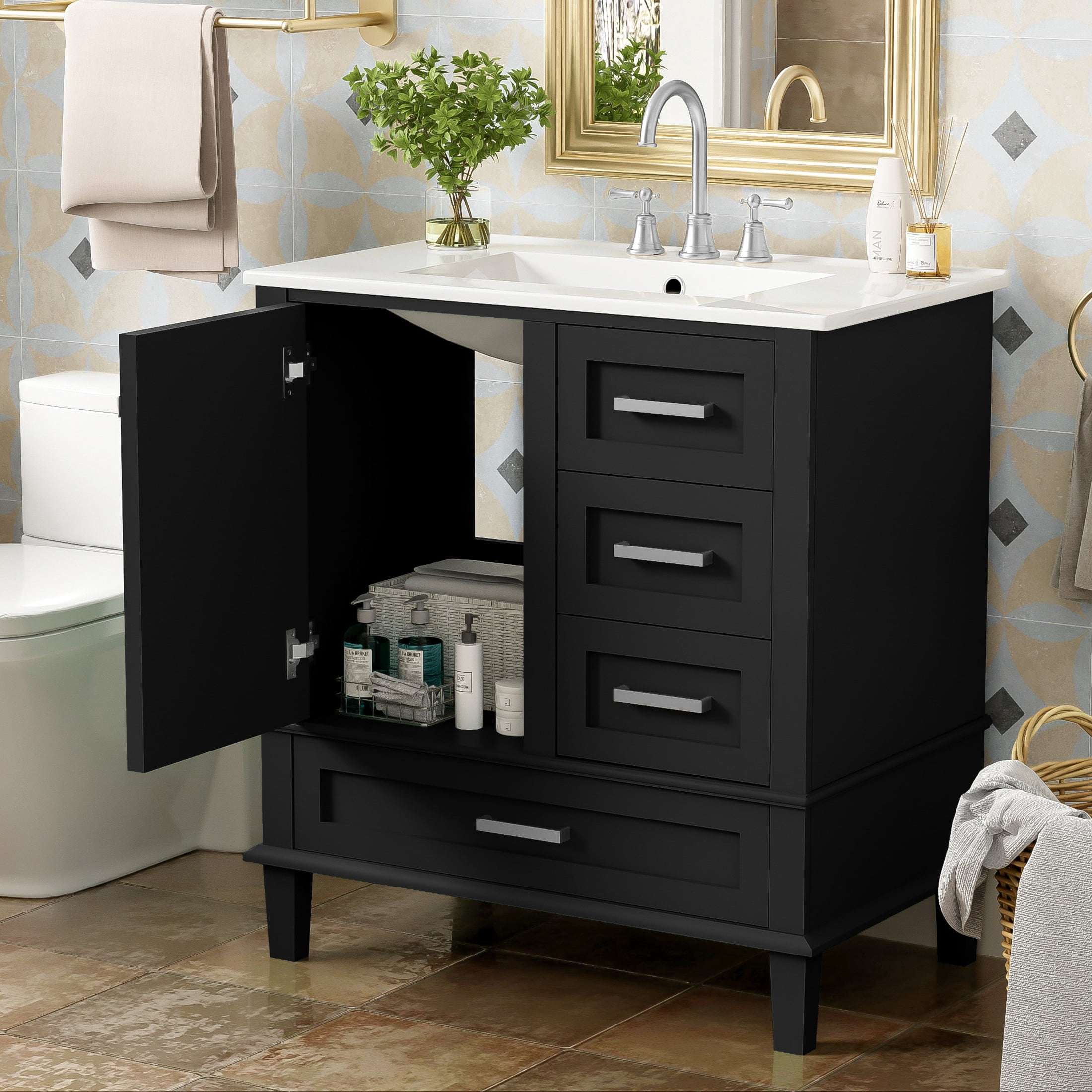Nyveth Modern Bathroom Vanity with Ceramic Sink, Shelves, Drawers, Wood, Black