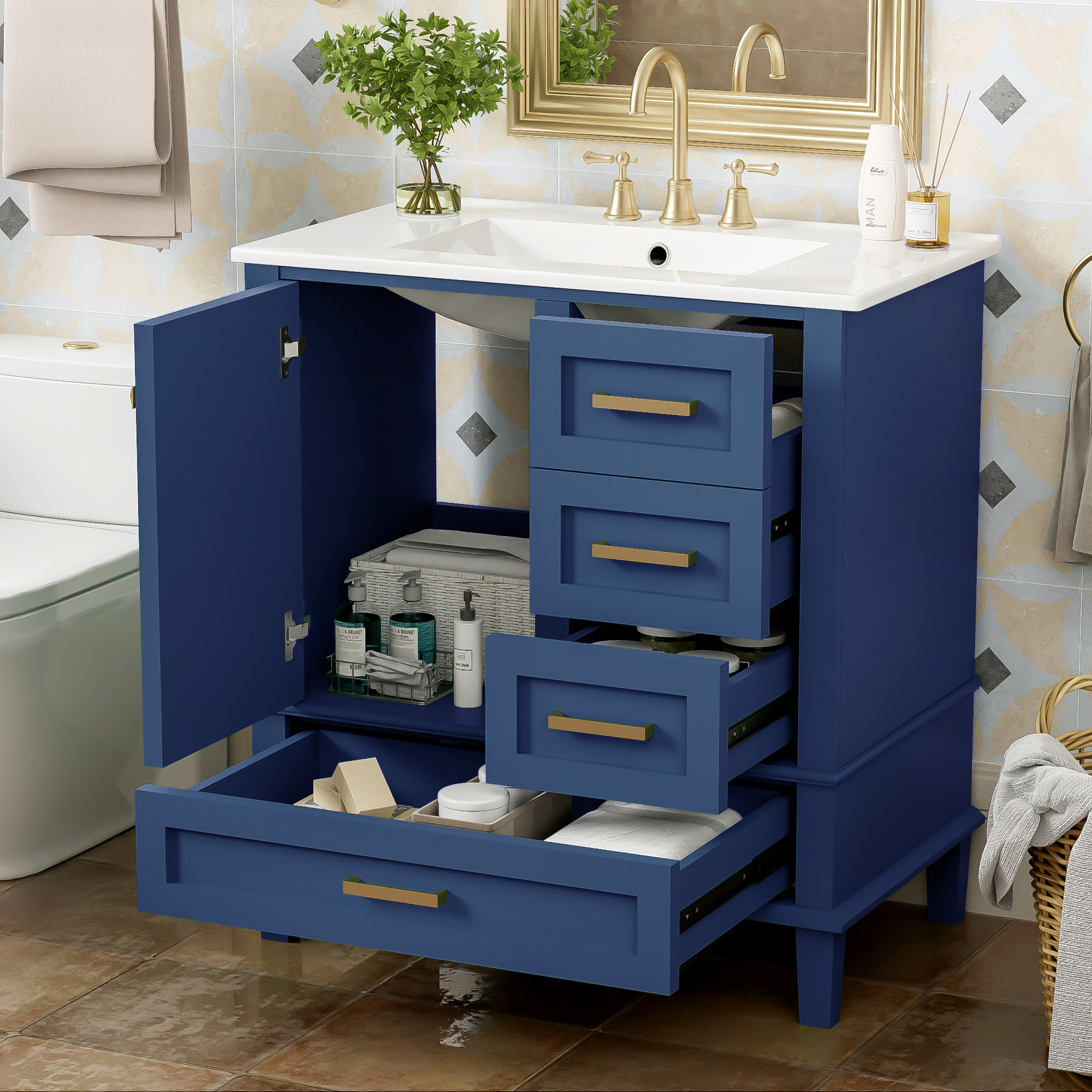 Nyveth Modern Bathroom Vanity with Ceramic Sink, Shelves, Drawers, Wood, Blue