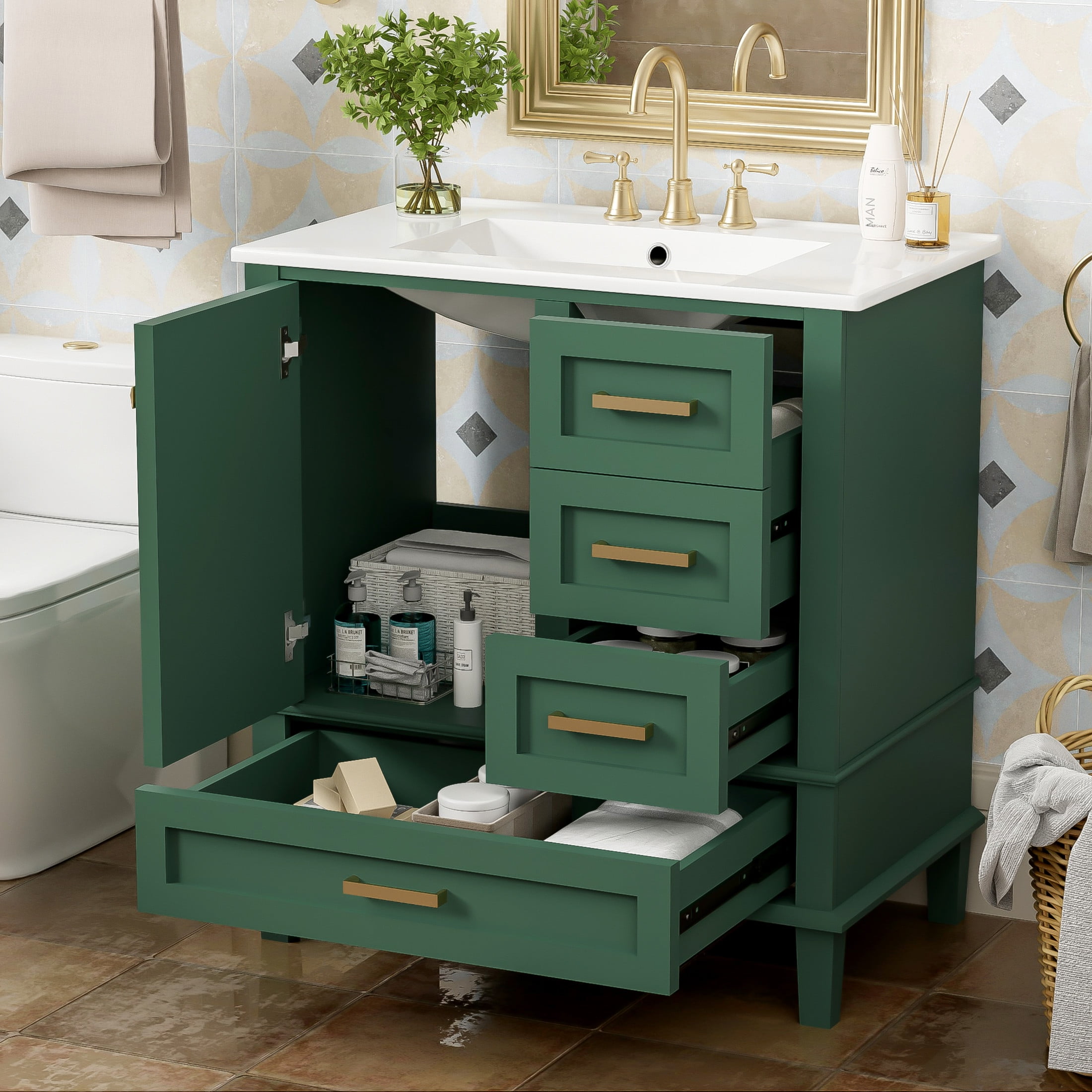 Nyveth Modern Bathroom Vanity with Ceramic Sink, Shelves, Drawers, Wood, Green