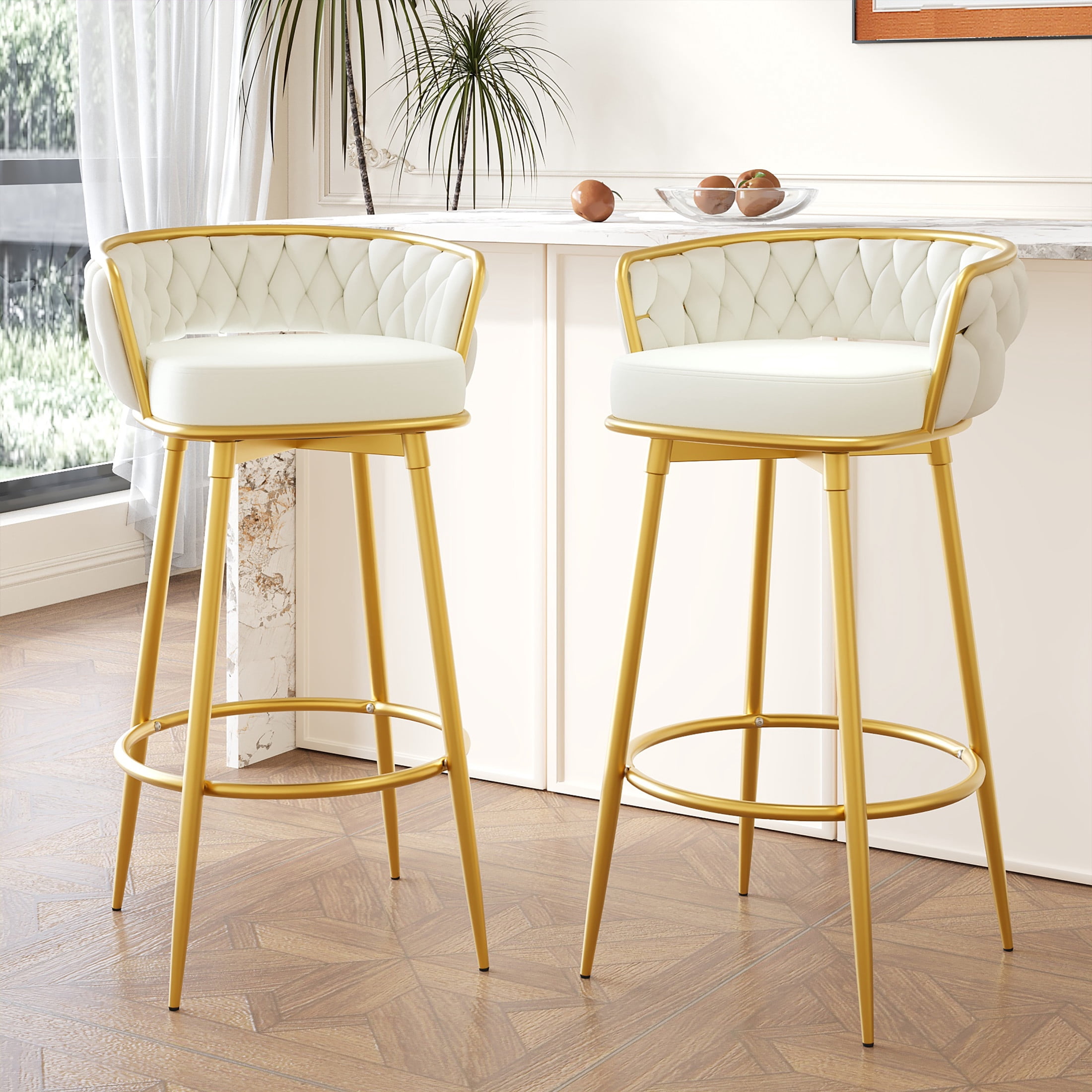 Nyxara 31.5" Seat Height Modern Upholstered Swivel Counter Stools, Powder Coated, Iron, Beige + Gold, Set of 2