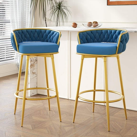 Nyxara 31.5" Seat Height Modern Upholstered Swivel Counter Stools, Powder Coated, Iron, Blue + Gold, Set of 2