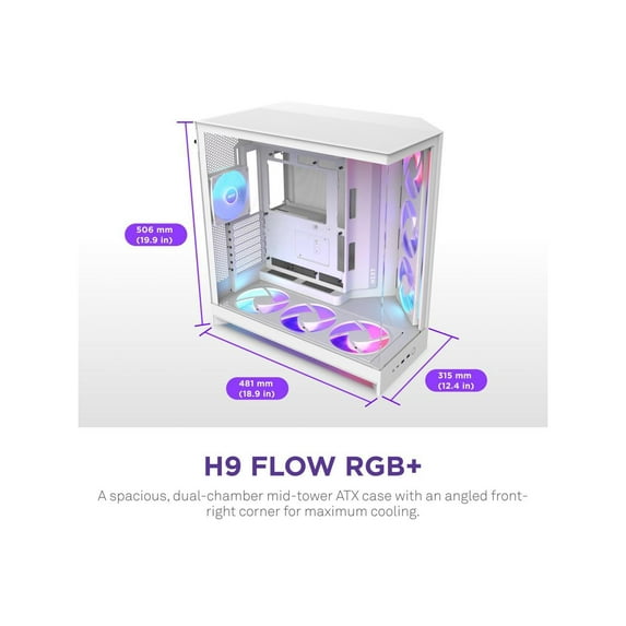 NZXT CMH92FWP1 H9 Flow RGB+ ATX Mid-Tower PC Case Dual Chamber White With 7 RGB Fans