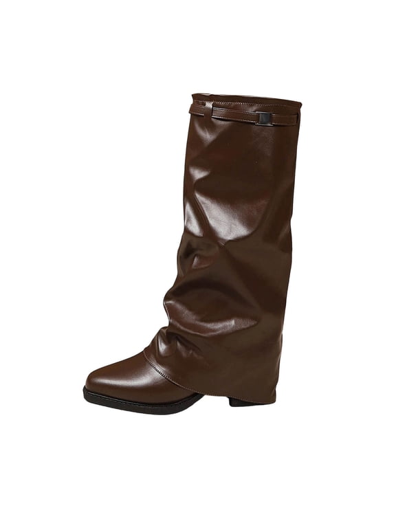 O-053 Brown Womens Comfortable Mid Heel Knee High Boots Plus Size Versatile Casual Booties For Women