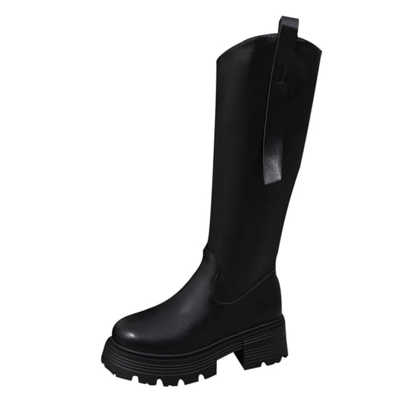O-225 Black Fashionable Ladies Winter Straight Boots Round Toe Side Zipper Block Low Heel Knee High Pu