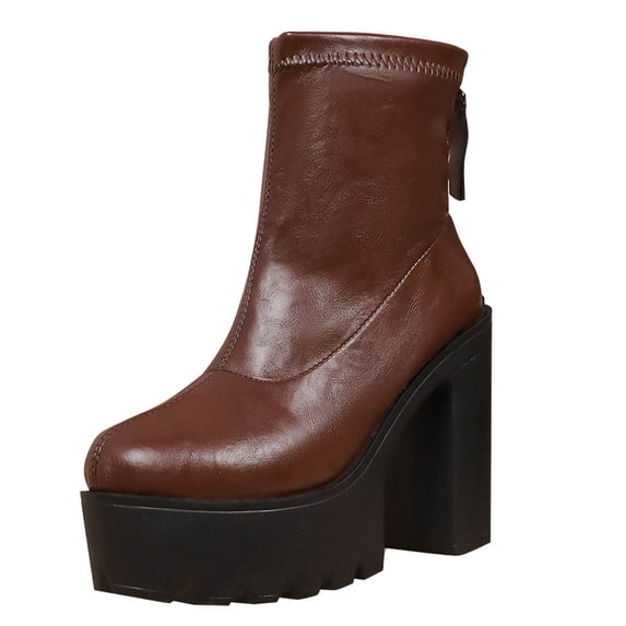 O-277 Brown Ladies Comfortable Thick Sole Boots Mid Calf Round Toe Chunky High Heel Solid Color Versatile Casual Fall Style