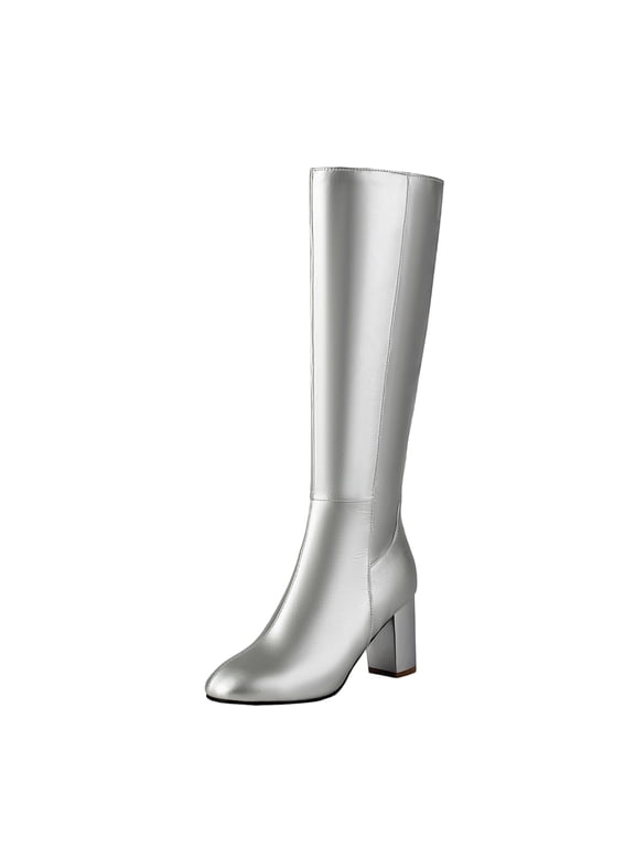 O-743 Silver Ladies Stylish High Heel Side Zipper Winter Boots Fashionable Trendy Casual Versatile High Top Ankle Style