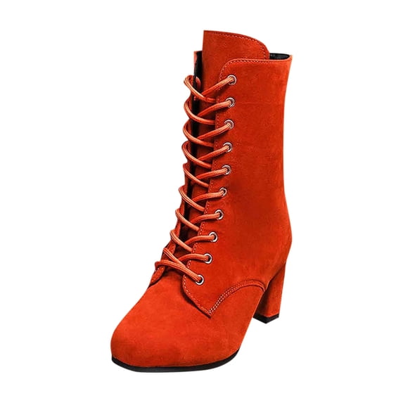 O-925 Orange Womens Lace Up Thick Sole Boots Suede Platform Chunky Heel Fall Winter Comfortable Fashion Knee High Boots
