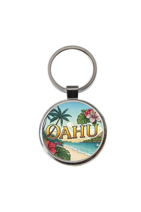 O'Ahu Hawaii HI Tropical Travel City State Stamp Metal Round Keychain