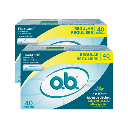 O.B. Tampons, Non-Applicator Tampons, Regular Absorbency, Unscented, 40ct (Pack of 2)