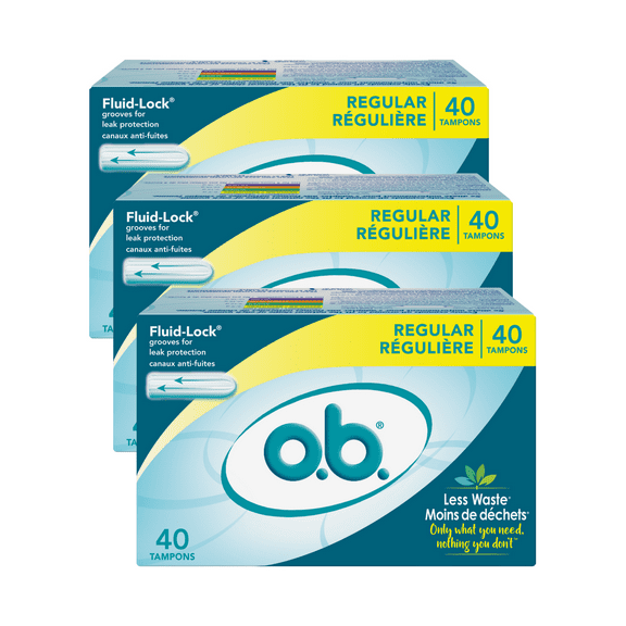 O.B. Tampons, Non-Applicator Tampons, Regular Absorbency, Unscented, 40ct (Pack of 3)
