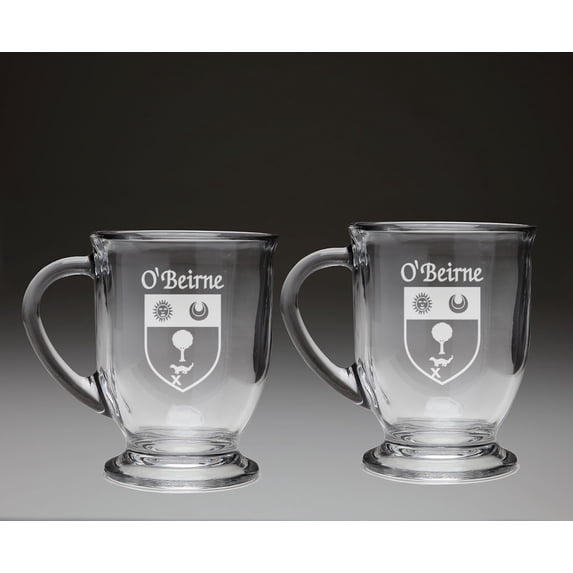 O'Beirne Irish Coat of Arms Glass Coffee Mugs - Set of 2