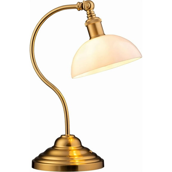 O'Bright Bankers - Cordless LED Table Lamp, Battery-Operated, Rechargeable, 3-Level Dimming, Universal USB-C Charging, 180° Swivel Head, White Jade Glass Shade, Antique Brass