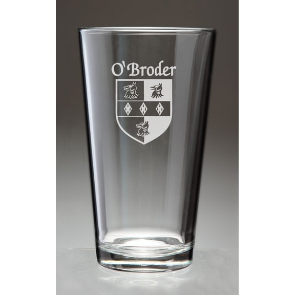O'Broder Irish Coat of Arms Pint Glasses - Set of 4 (Sand Etched)