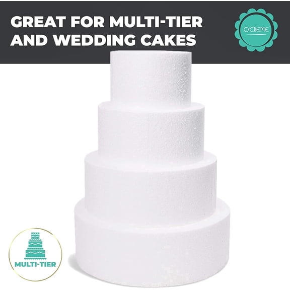 O'Creme Polystyrene Round Cake Dummy, 3-Piece Tiered Set - 6" x 4", 8" x 4", 10" x 4", Foam Cake Board, Cake Base and Cake Platter for Decorating Practice and Displays