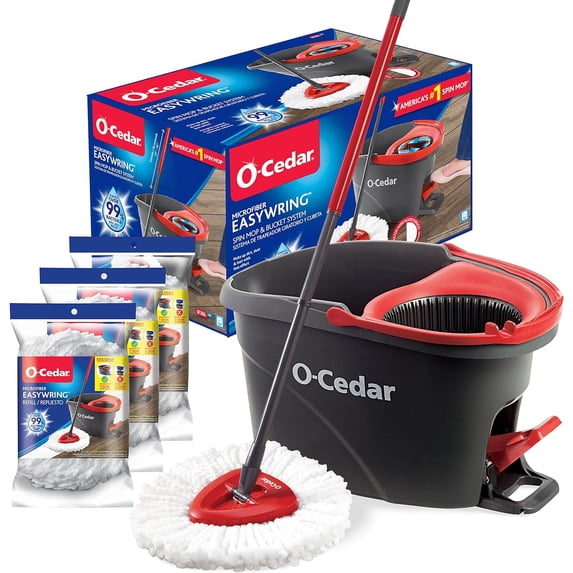 O-Cedar EasyWring Spin Mop & Bucket System with 3 Refills, Hands-Free Wringing, Microfiber Mop Head