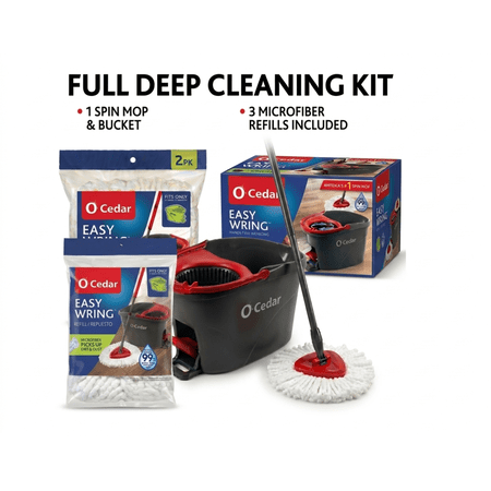 O-Cedar EasyWring Spin Mop & Bucket System with 3 Refills, Hands-Free Wringing, Microfiber Mop Head