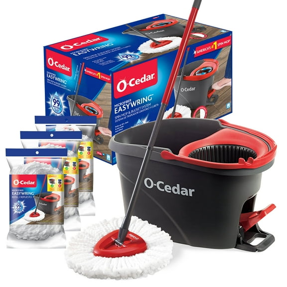 O-Cedar Easywring Microfiber Spin Mop & Bucket Floor Cleaning System With 1 Extra Refill, Red / Gray