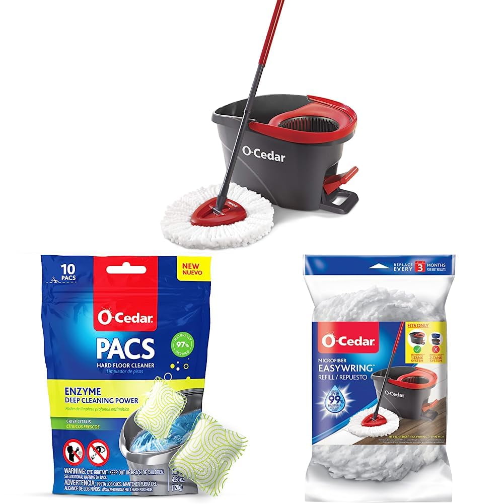OCedar Easywring Microfiber Spin Mop, Bucket Floor Cleaning System, Red, Gray & OCedar Pacs
