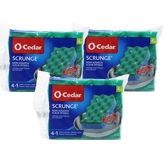 O-Cedar Scrunge Multi-Use Non-Scratch Scrub Sponge, All-Purpose Cleaning Sponge for Kitchen & Bathroom, 4 Count Pack of 3