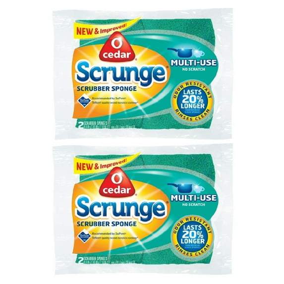 O-Cedar Scrunge Multi Use Sponge Non Scratch Scrub Surface Odor Eliminate 2 Count Each, 2-Pack