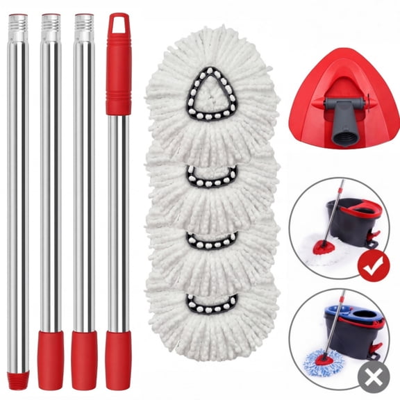 Spin Mop Accessory,Spin Mop Replacement Heads 4 Pack with 1 Triangle Base and 58 inches Long Handle for 1 Tank System,Machine Washable